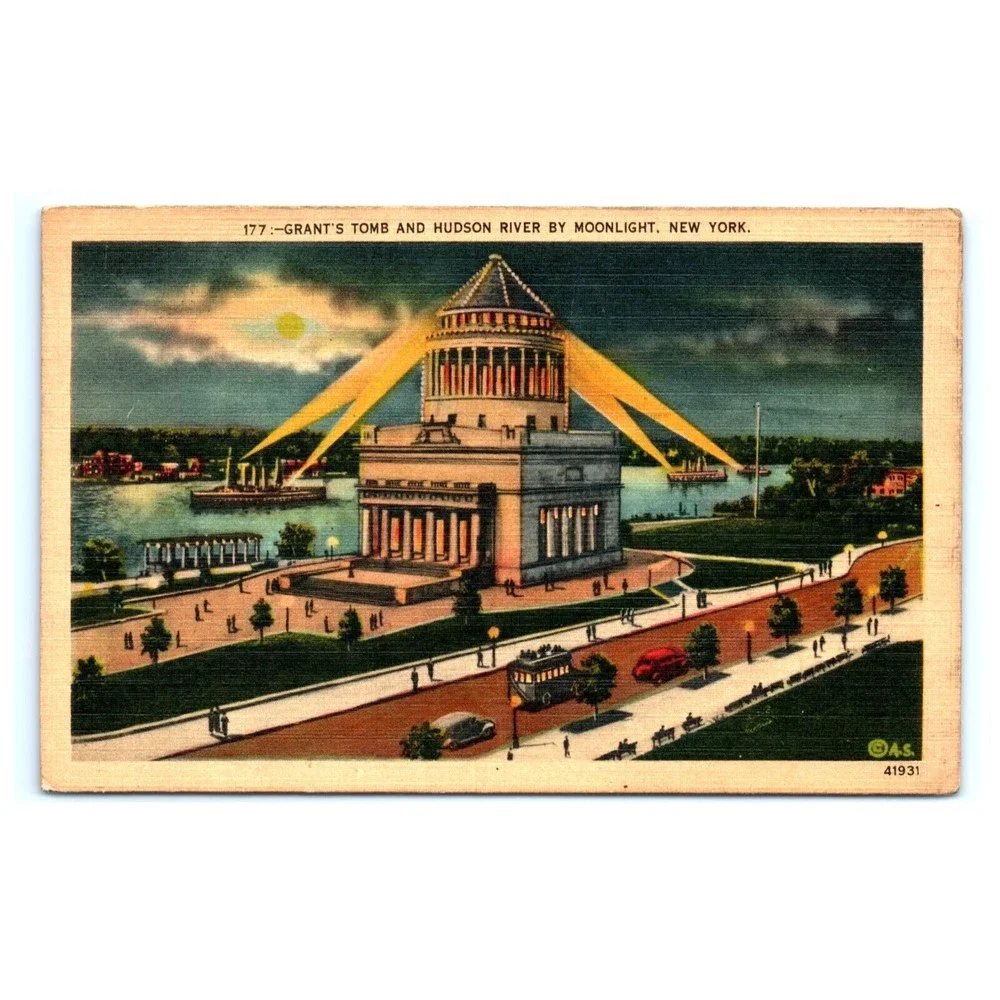 VTG Postcard New York City Hudson River Grants Tomb Moonlight Posted 1948 Linen
